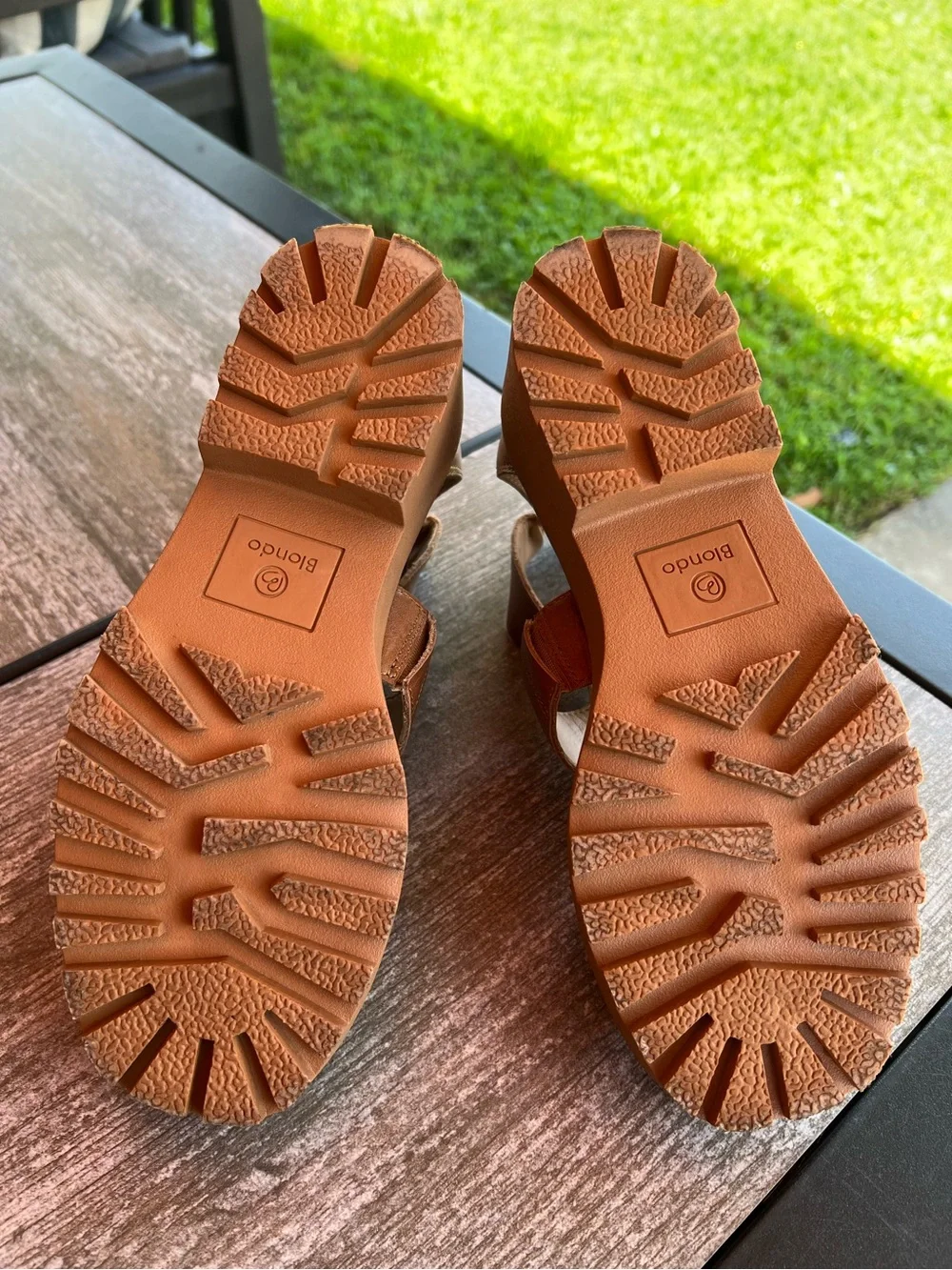 Blondo Hayslee Cognac Leather Water-Resistant Chunky Lug Wedge Sandals Size 7.5